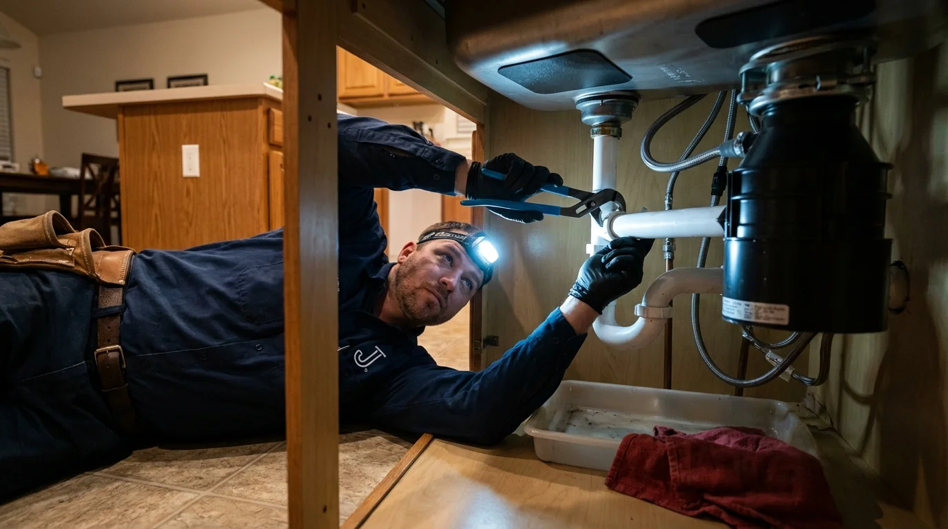 P-trap and supply line connections under a kitchen sink showing a common leak point in Chico, CA